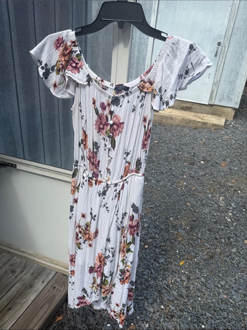 one clothing White Floral Off-Shoulder Midi Dress with Pink and Orange Roses